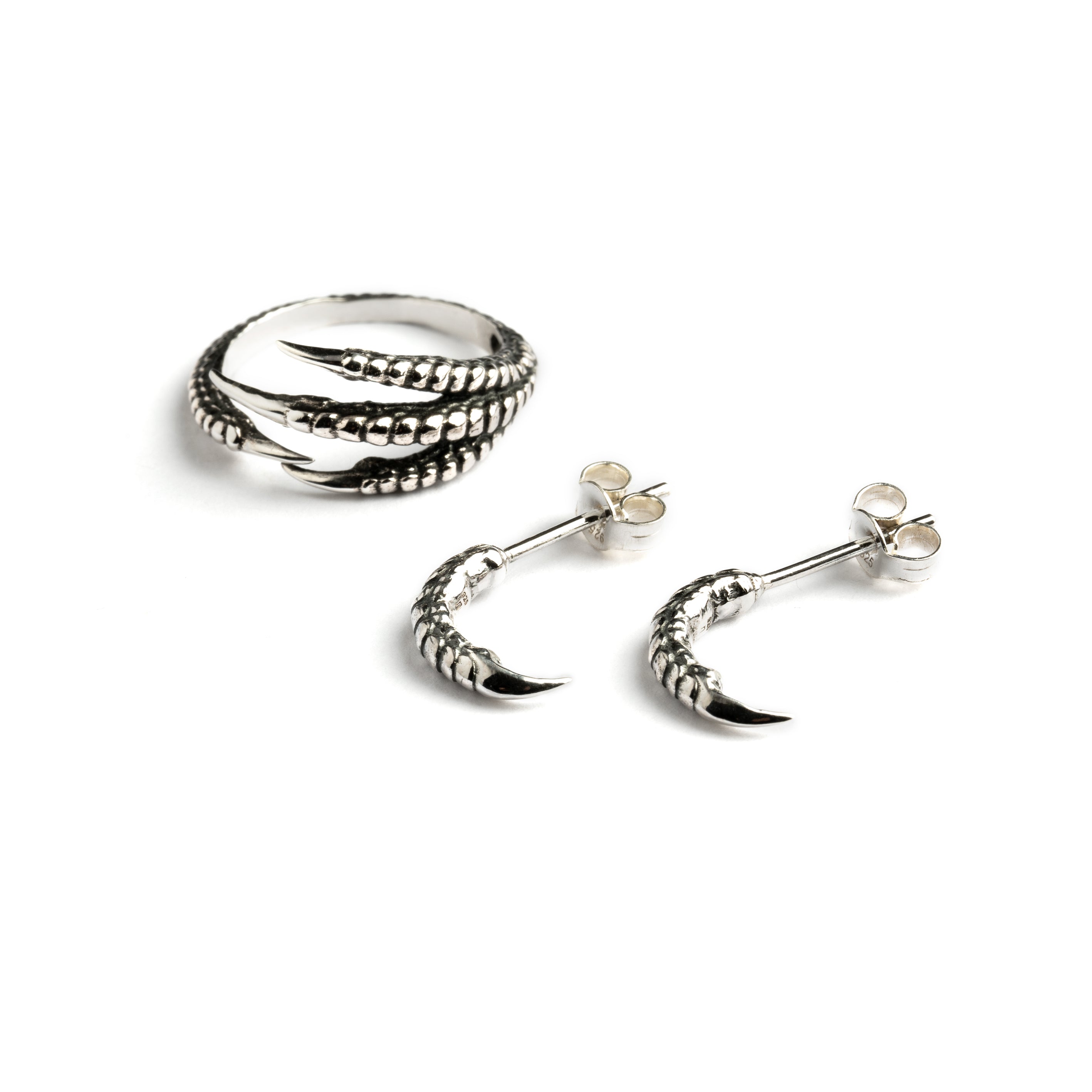 Silver Talon Earrings and bird claw ring