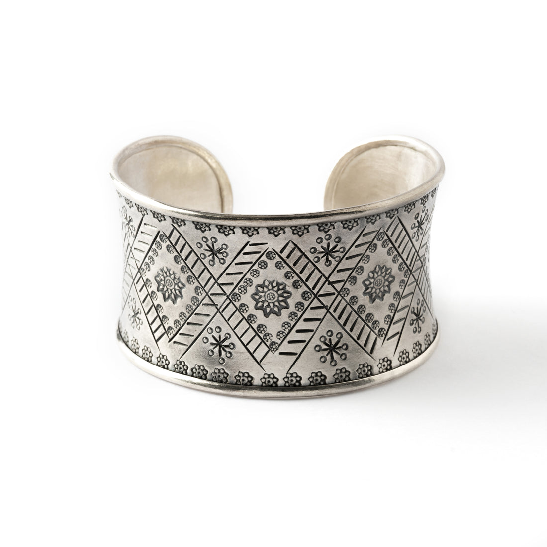 large 95% hill tribe silver open cuff bracelet with tribal etching front view