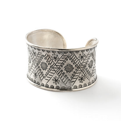 large 95% hill tribe silver open cuff bracelet with tribal etching lest side view