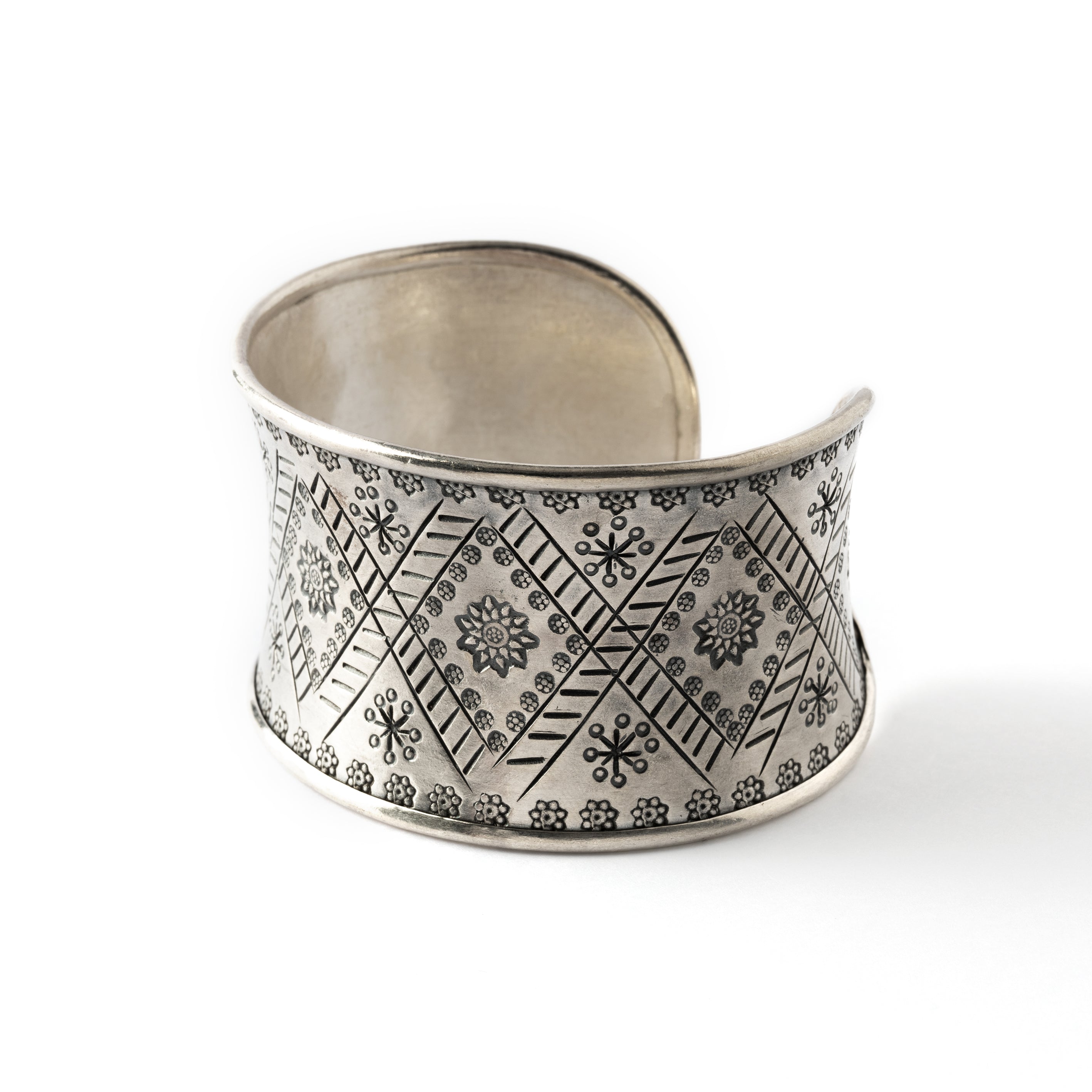 large 95% hill tribe silver open cuff bracelet with tribal etching side view