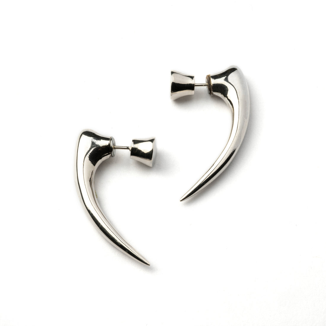 pair of Silver talon spike fake gauge earrings side view