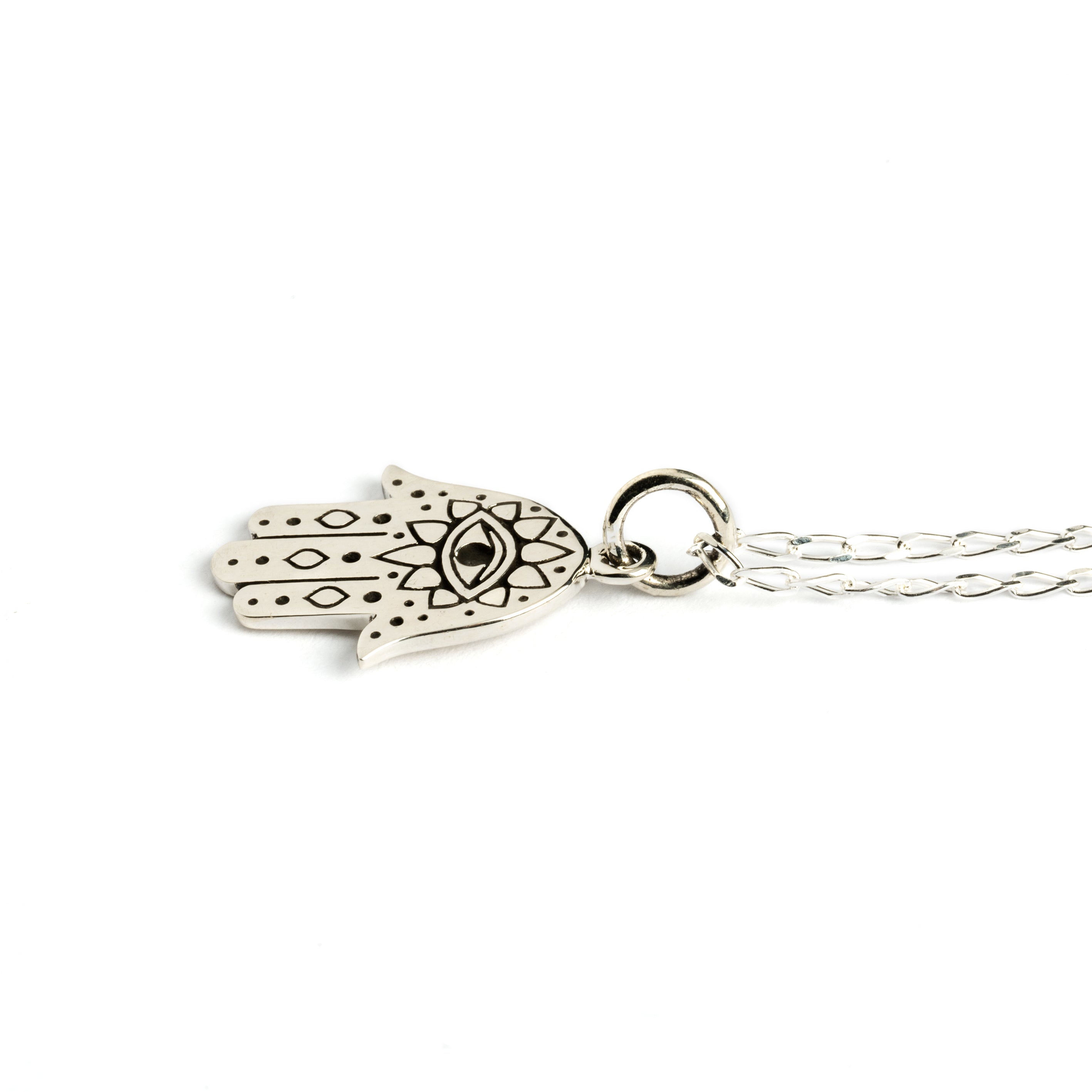 Hamsa Evil Eye Charm in silver side view