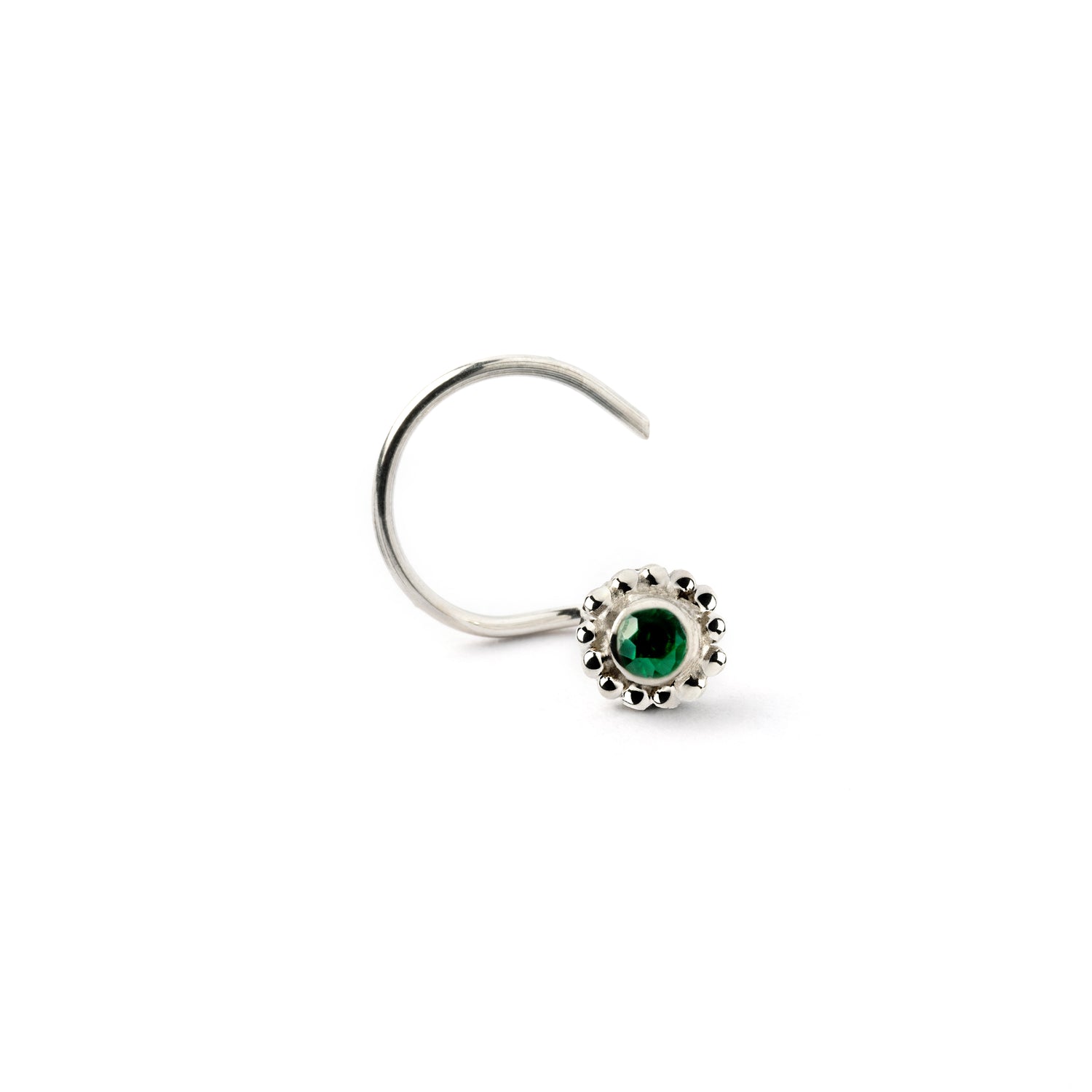 Silver Flower Nose Stud with Green Onyx frontal view