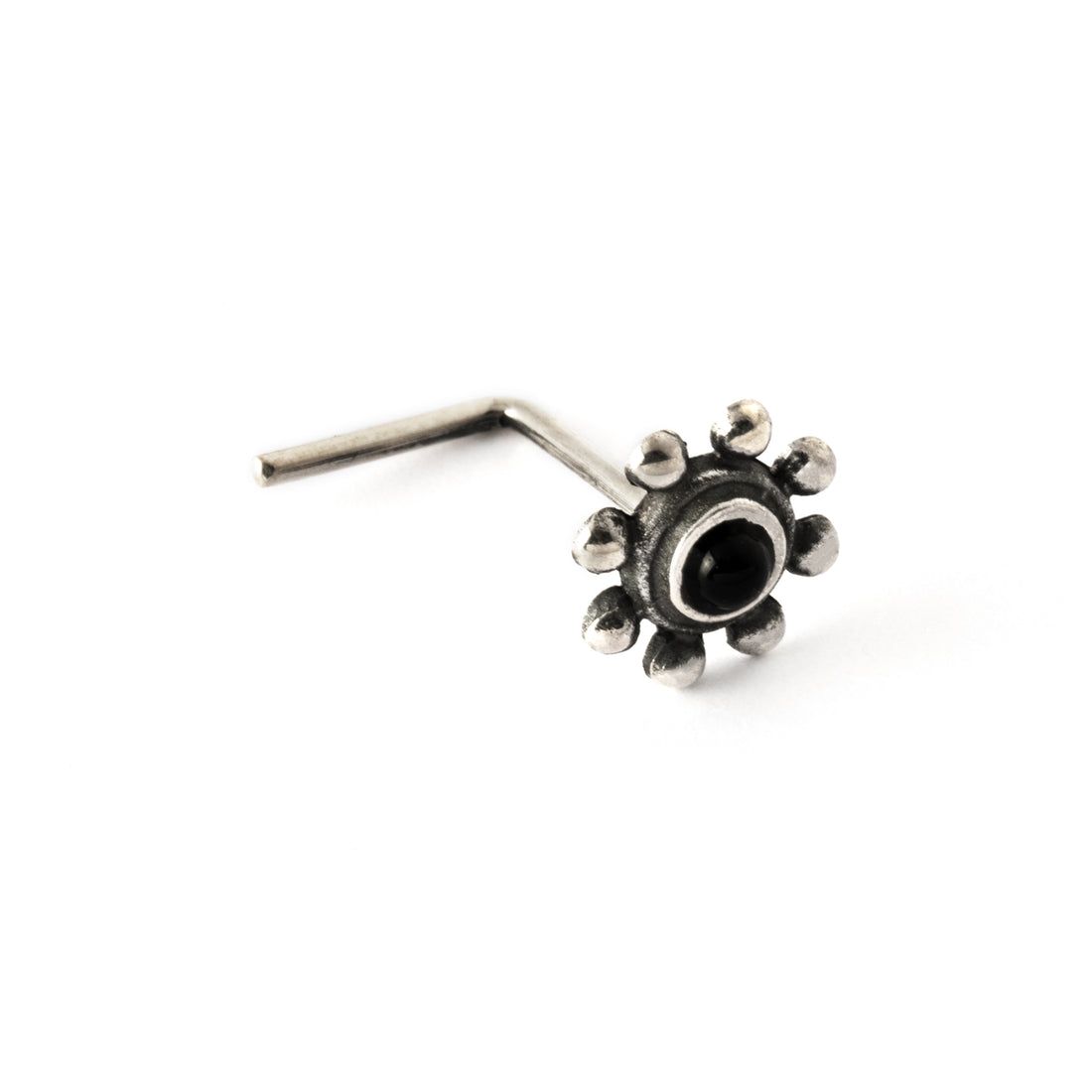 Daisy silver nose stud with black Onyx right side view
