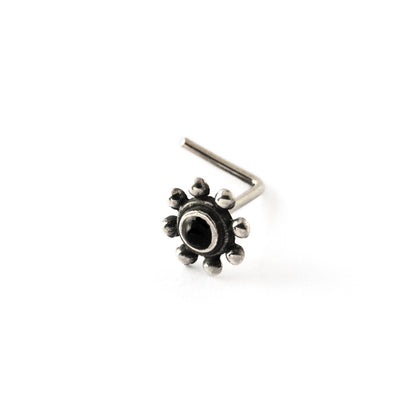 Daisy silver nose stud with black Onyx left side view