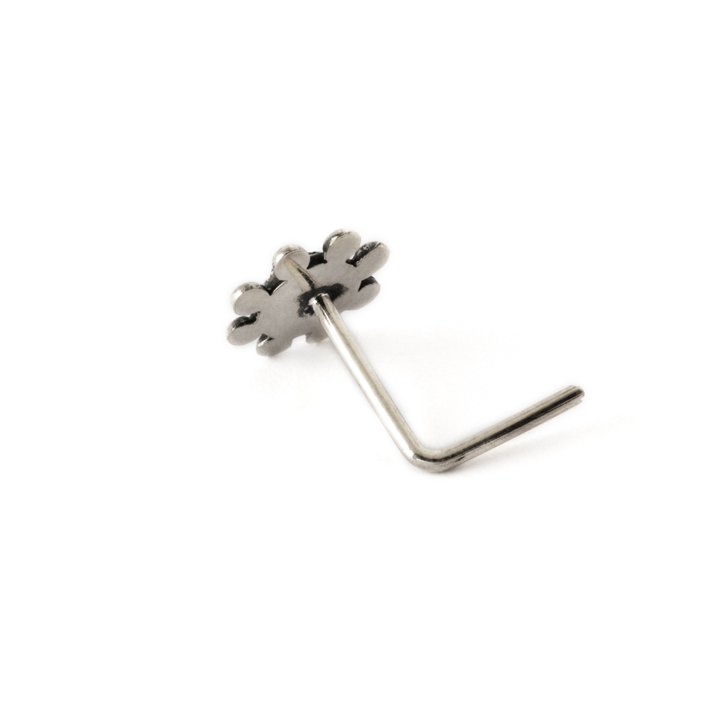 Daisy silver nose stud with black Onyx back side view