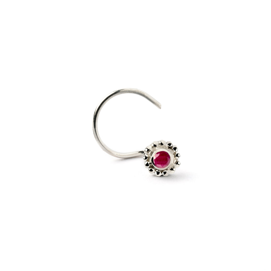 Silver Flower Nose Stud with Ruby frontal view