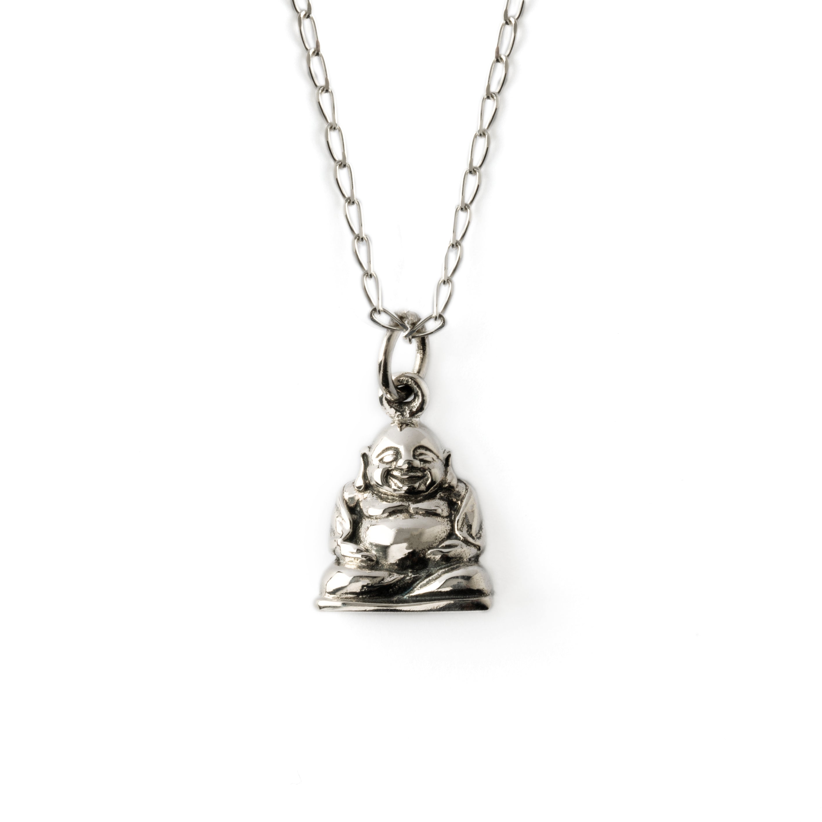 Silver happy Buddha charm necklace frontal view