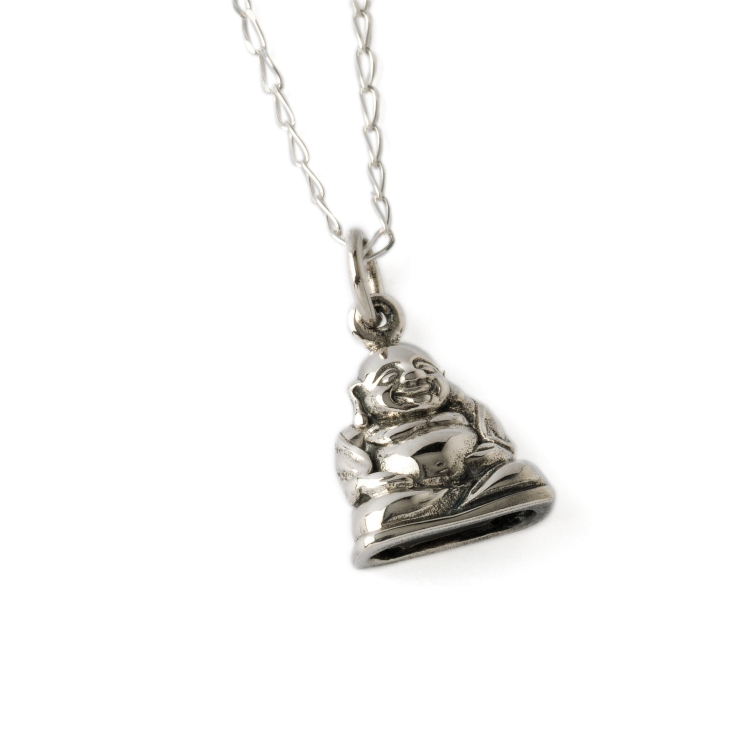 Silver happy Buddha charm necklace front right view