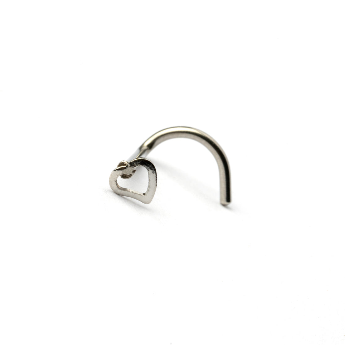 Silver heart wire nose stud frontal view