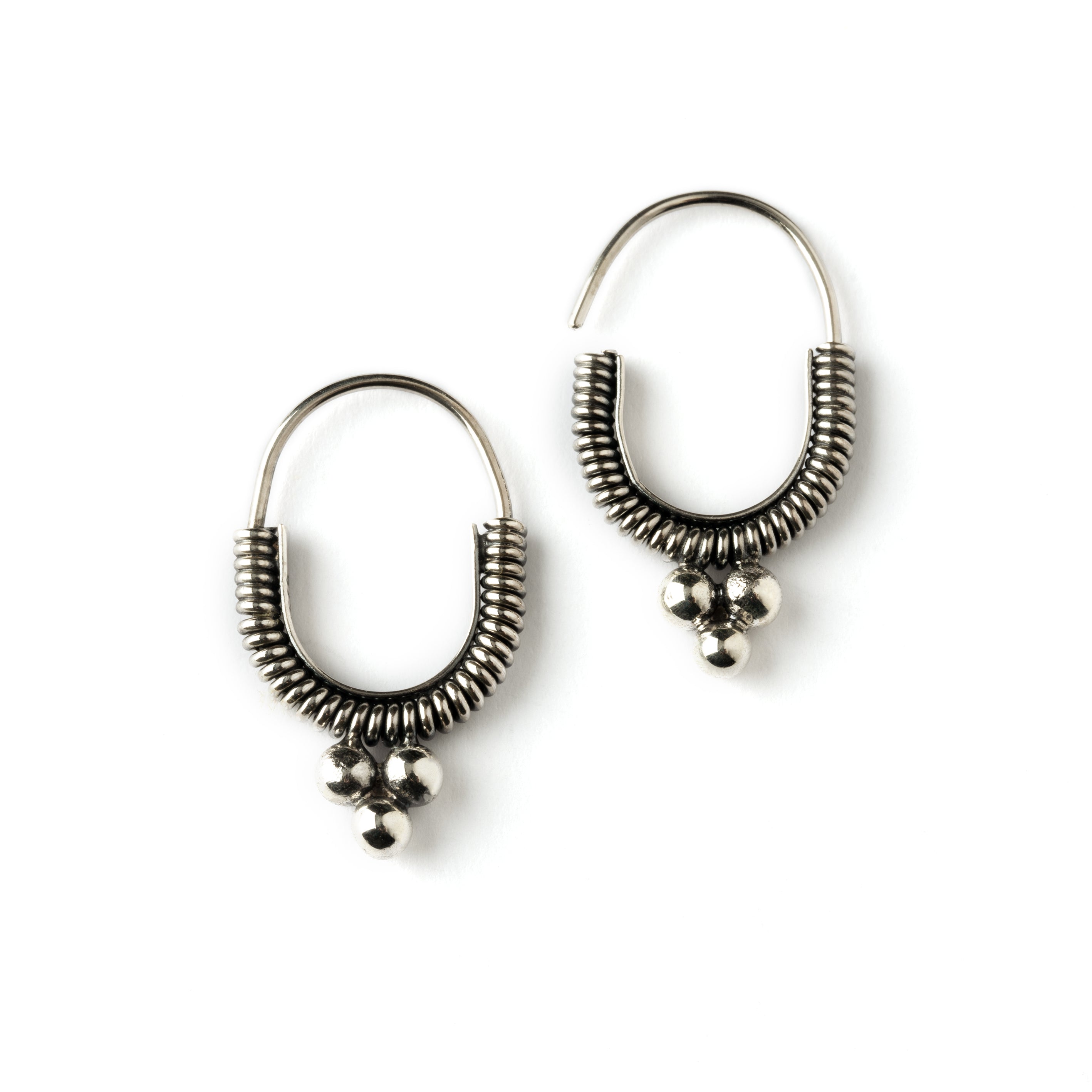 ethnic Silver coiled oval hoop earrings frontal open closure view