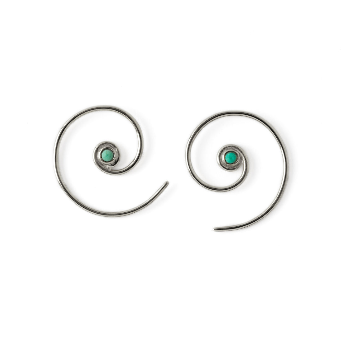 pair of Silver &amp; Turquoise Koru spiral earrings side view