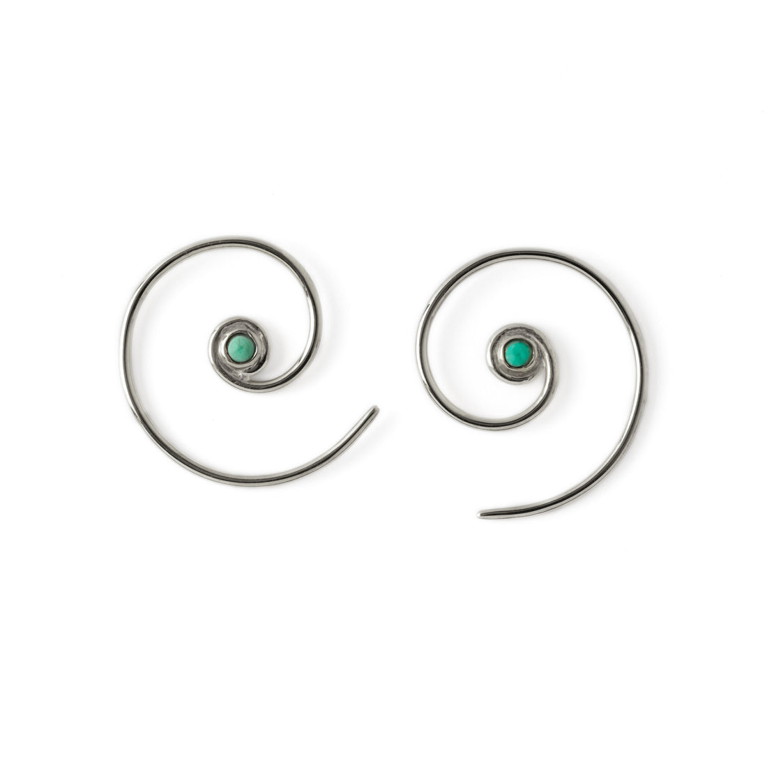 pair of Silver & Turquoise Koru spiral earrings side view