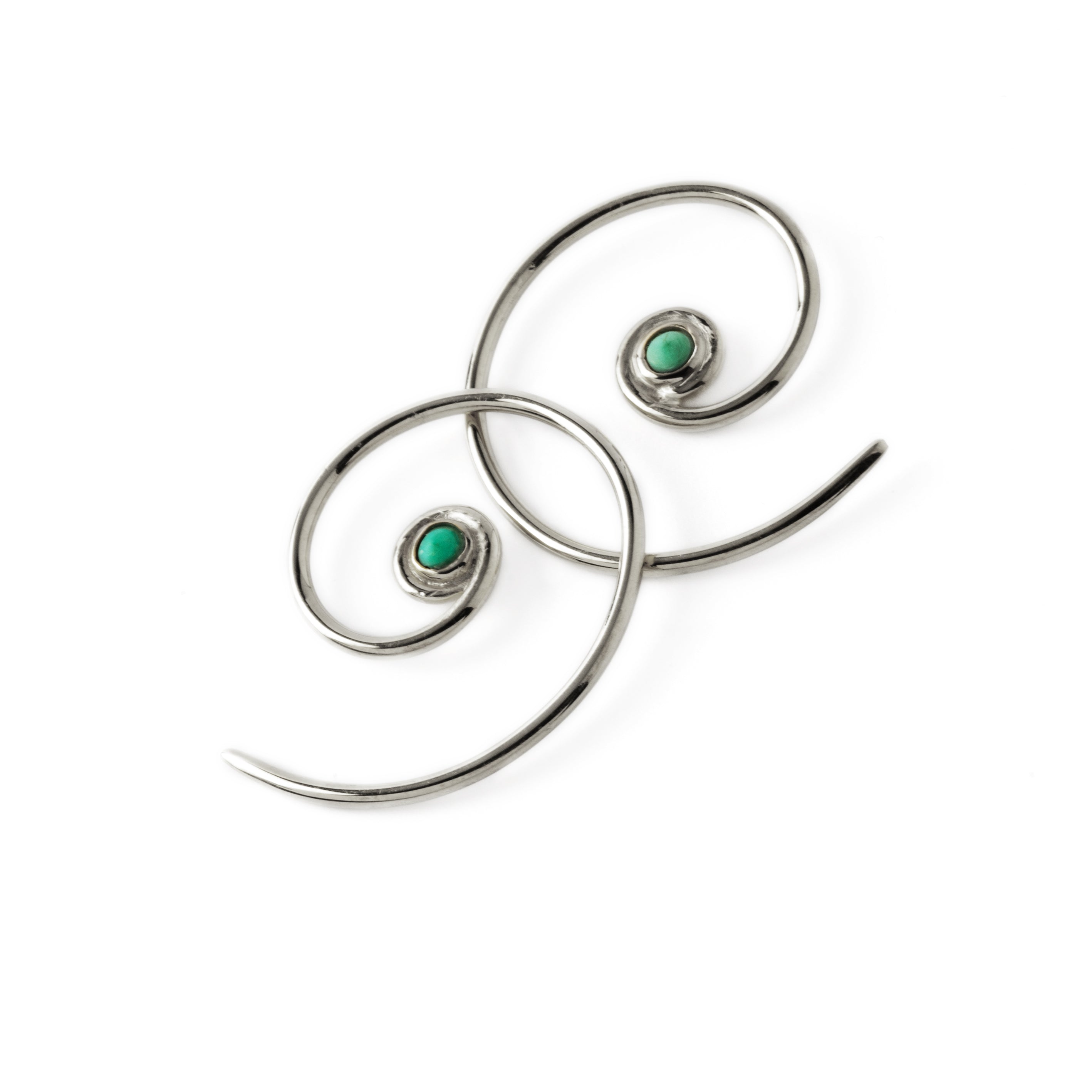 pair of Silver &amp; Turquoise Koru spiral earrings side view
