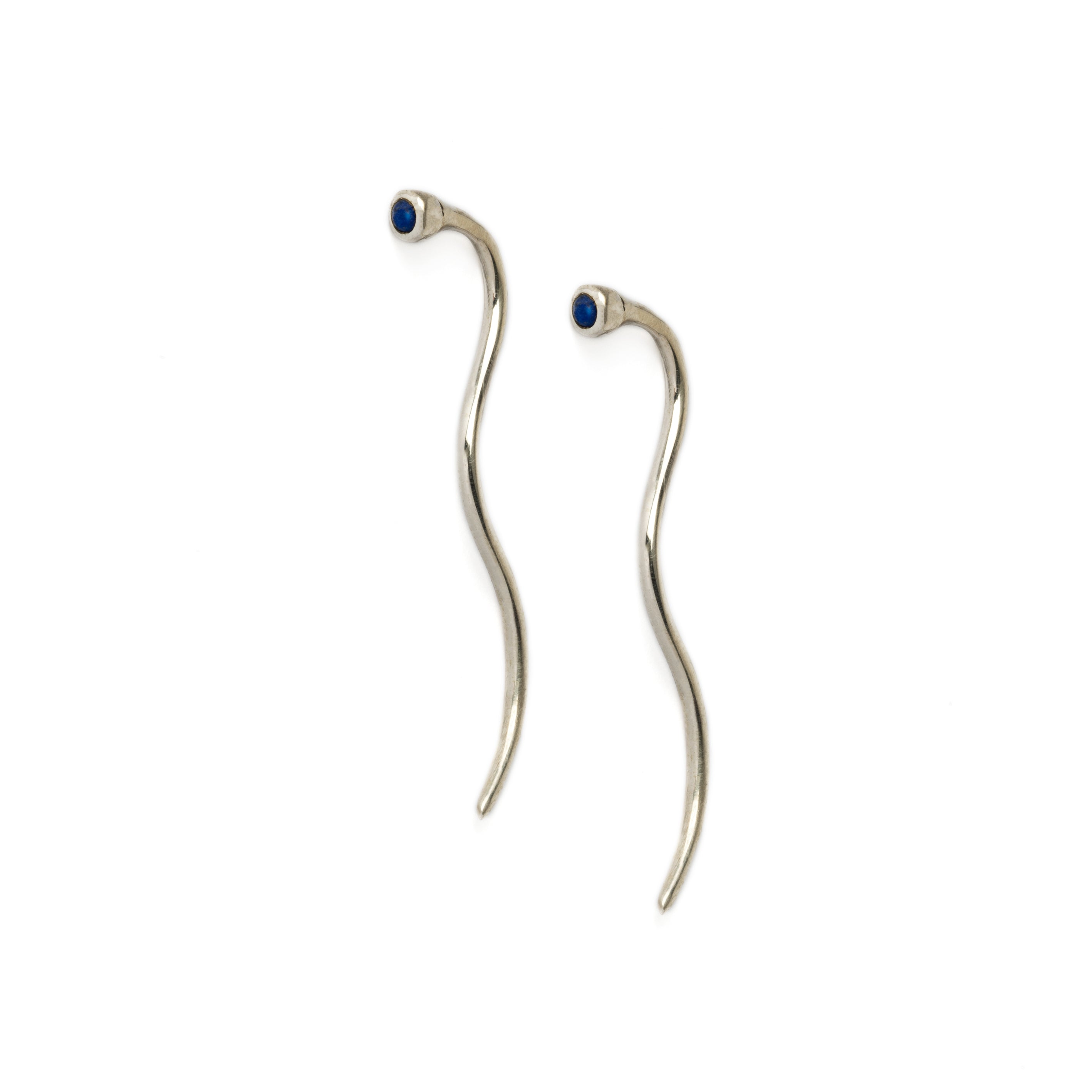 pair of silver long tail earrings with Lapis frontal view