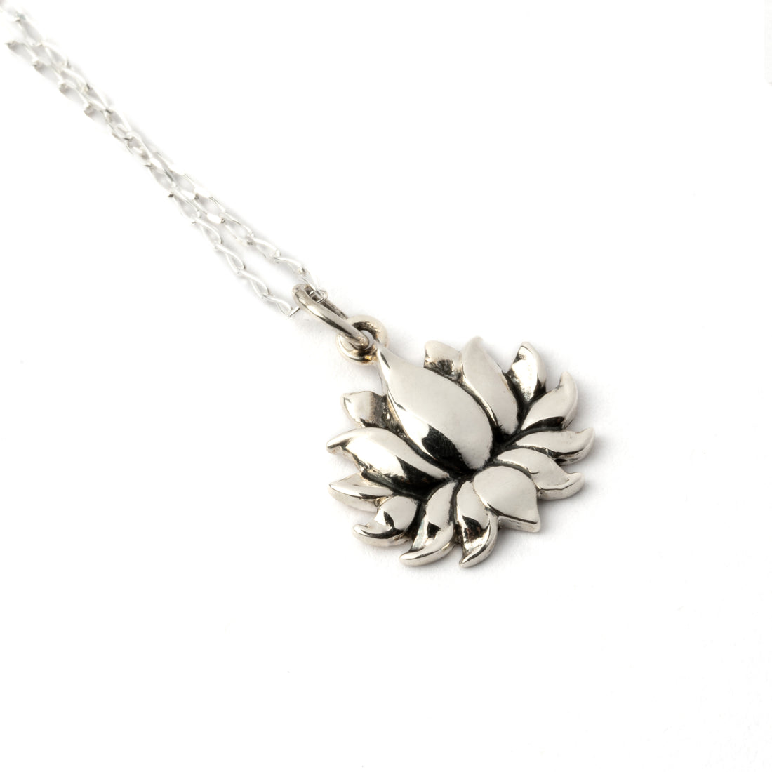 Petite Silver Lotus Charm necklace left side view