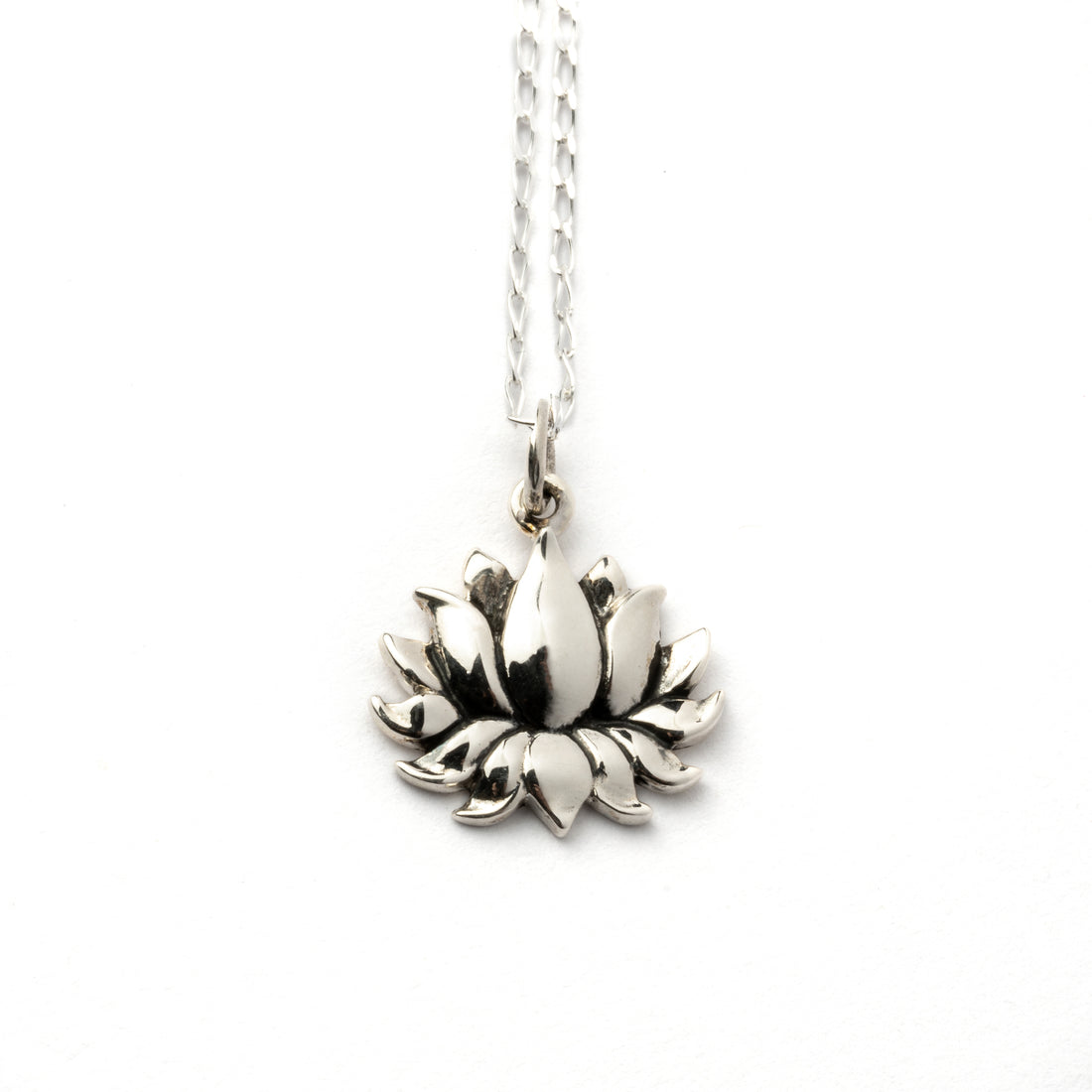 Petite Silver Lotus Charm necklace frontal view