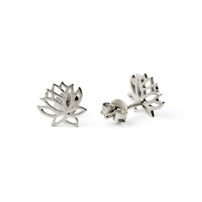 Silver Lotus contour stud earrings front and back side view