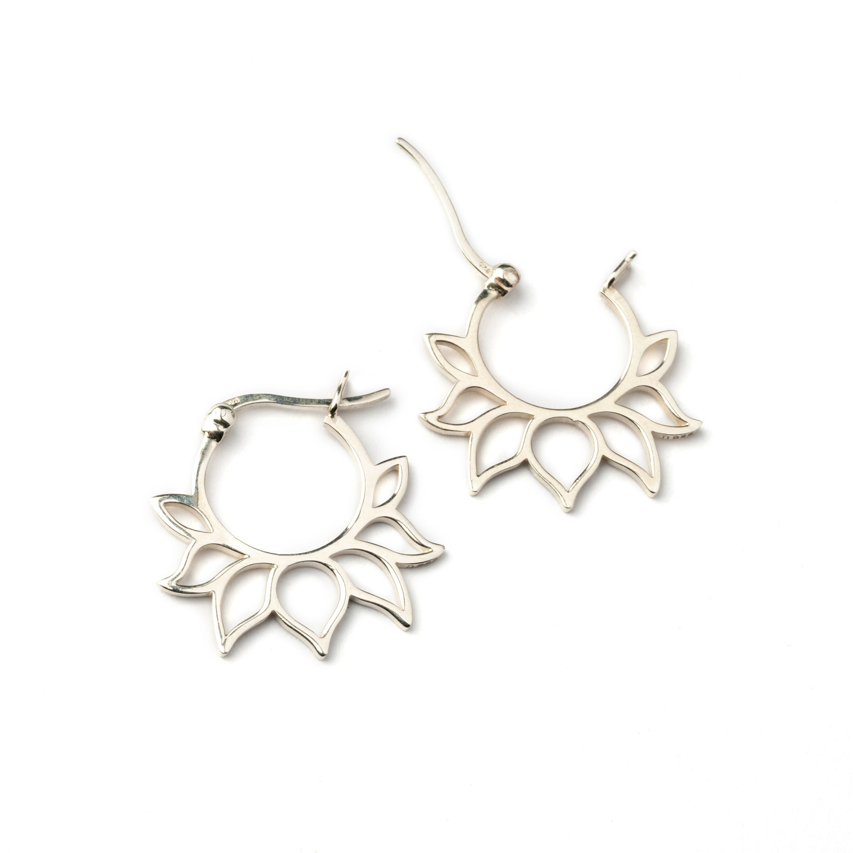 Silver Lotus Petal Hoops frontal view open clasp