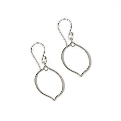 silver dangle earrings with hollow arabesque drop ornament side view