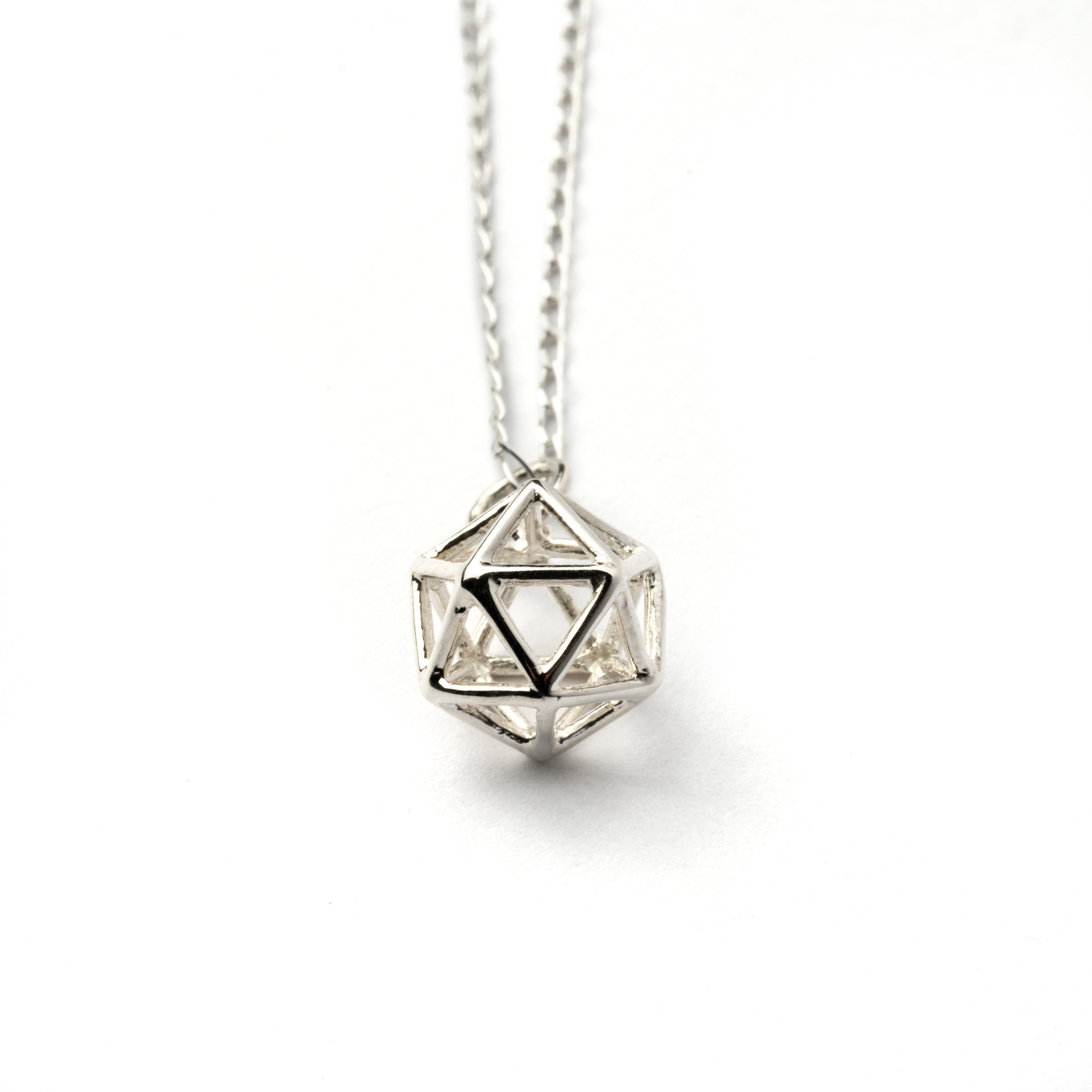 Silver Icosahedron Merkaba pendant necklace frontal view
