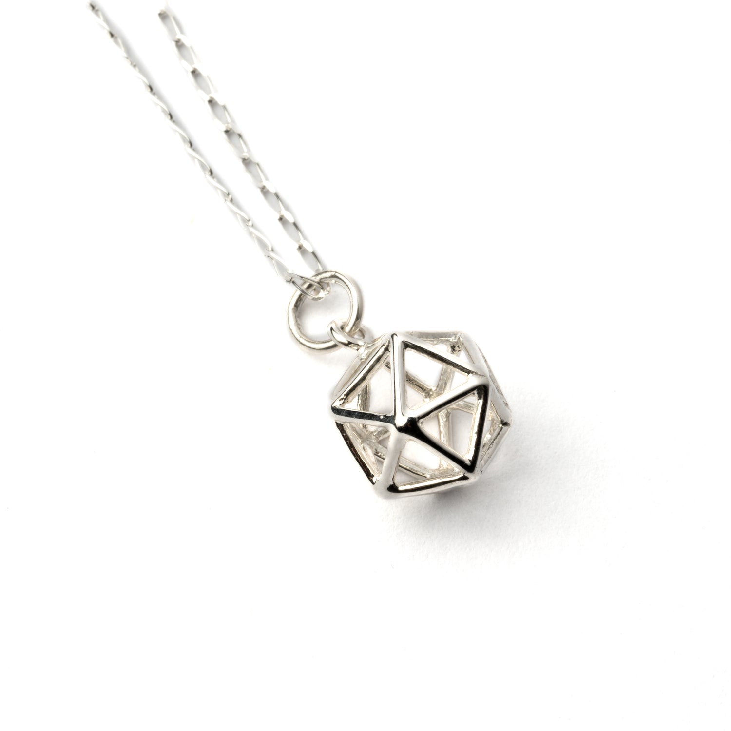 Silver Icosahedron Merkaba pendant necklace left side view