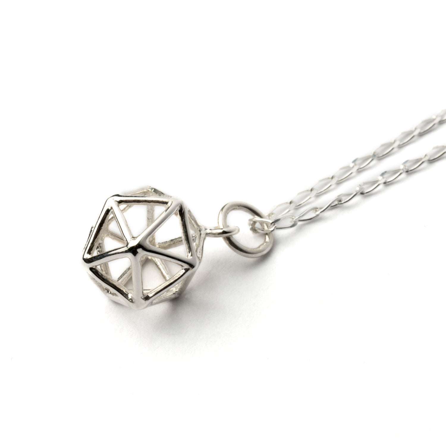 Silver Icosahedron Merkaba pendant necklace right side view