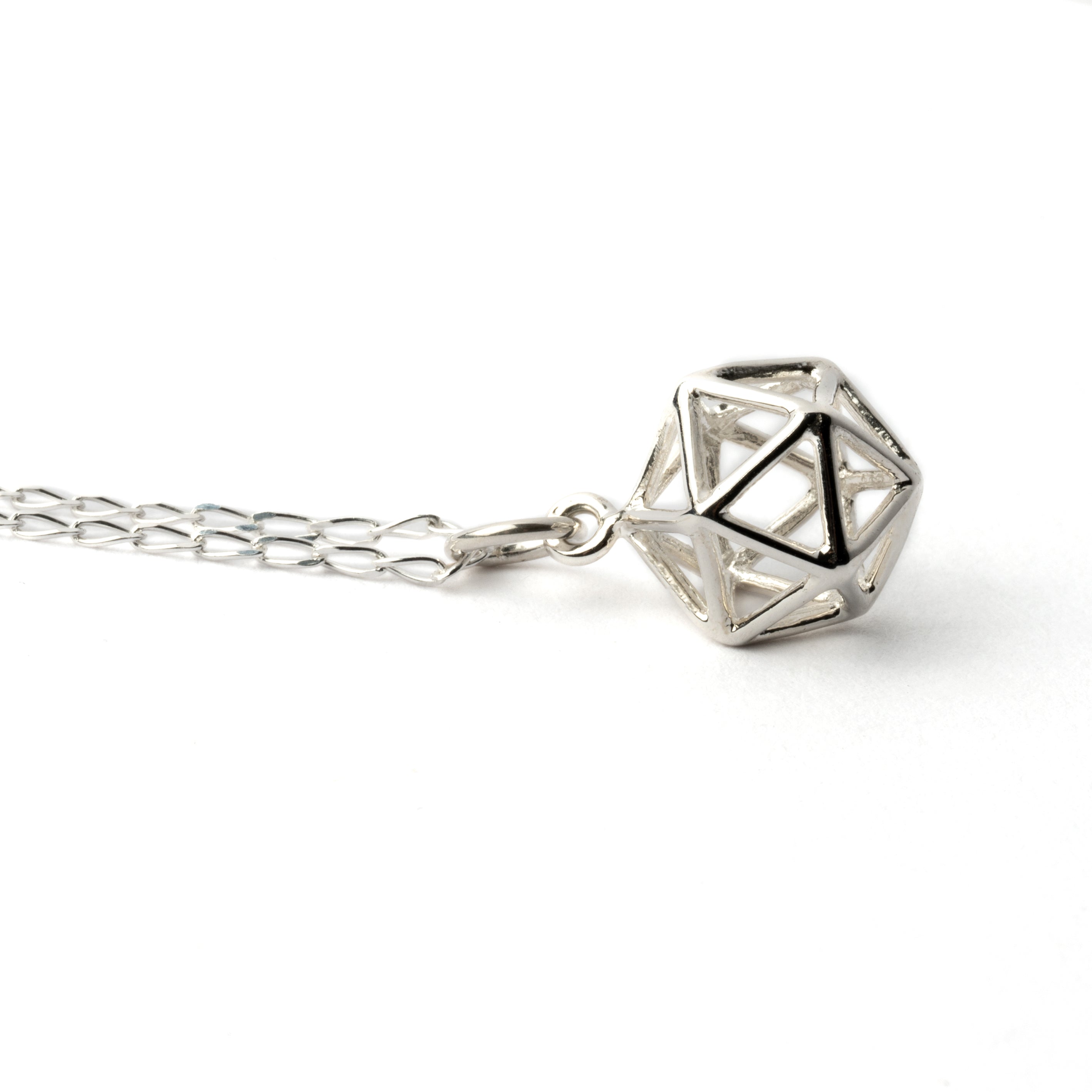 Silver Icosahedron Merkaba pendant necklace side view