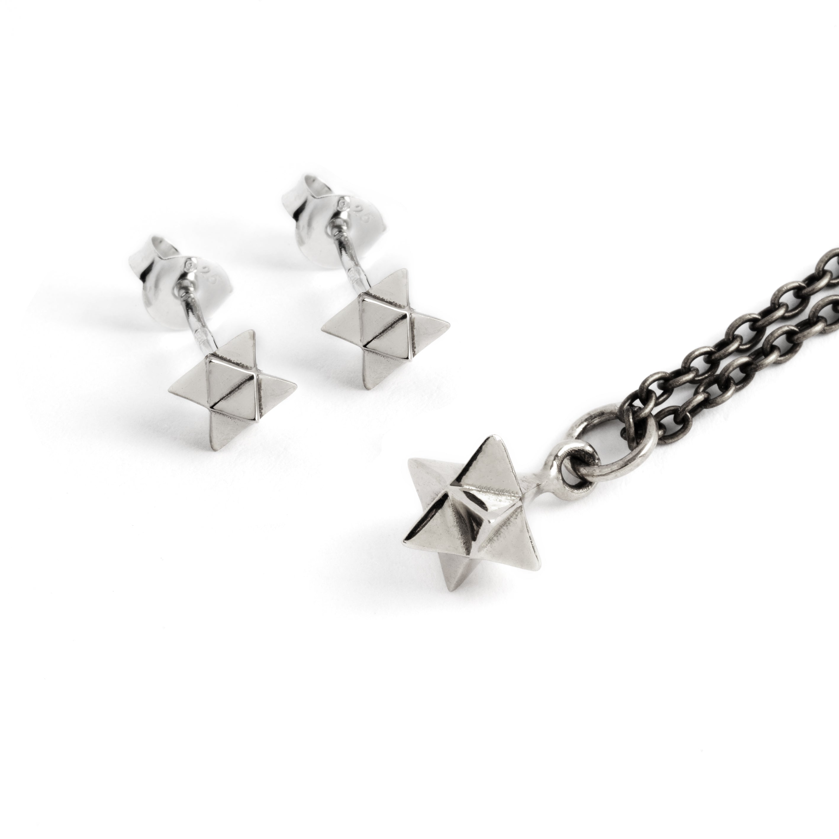 Tiny Silver Merkaba Charm necklace and Merkaba silver ear studs