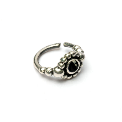 Silver Flower Nose Ring With Onyx left side view