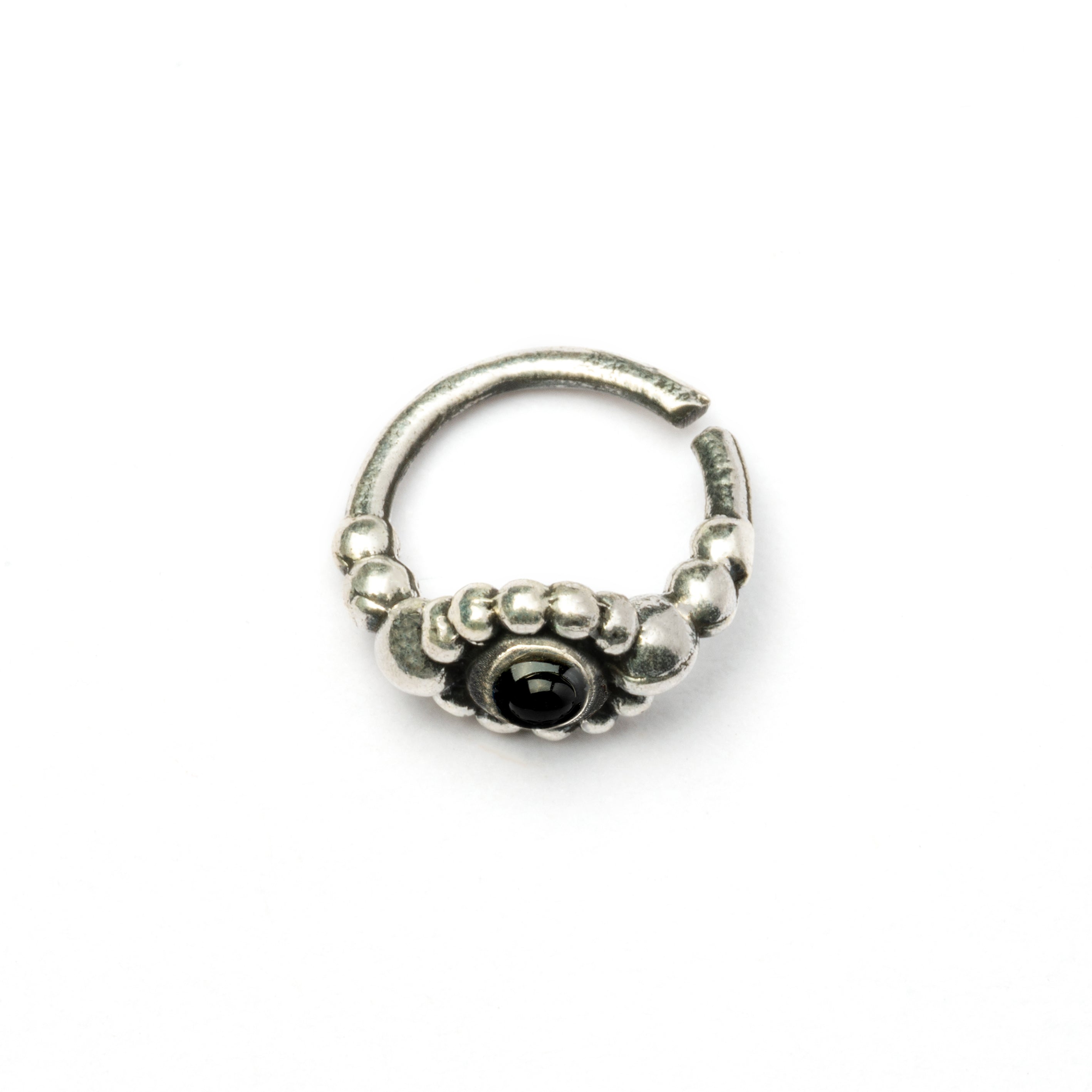 Silver Flower Nose Ring With Onyx side view