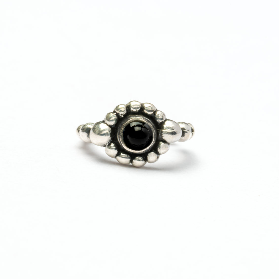 Silver Flower Nose Ring With Onyx frontal view