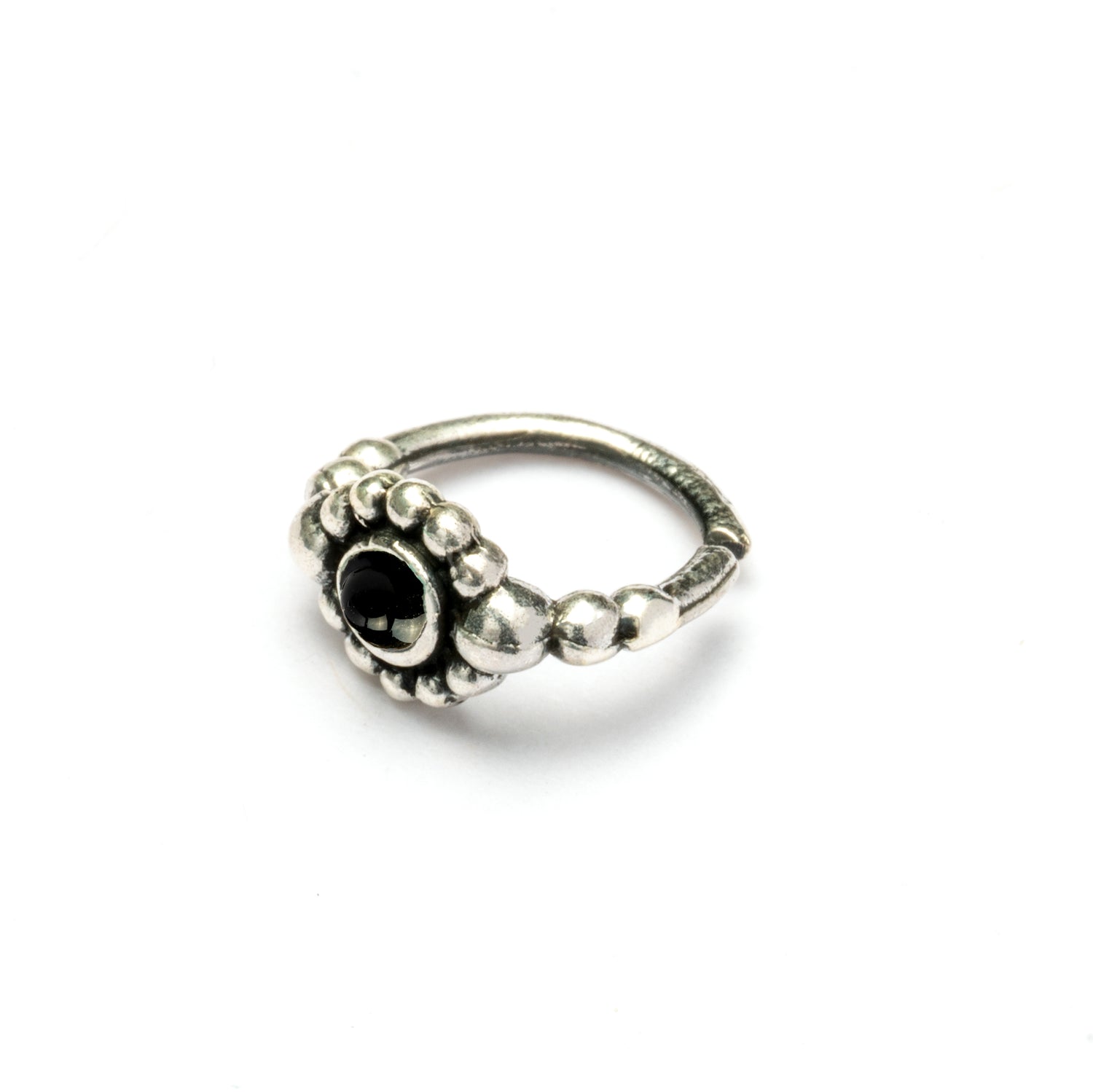 Silver Flower Nose Ring With Onyx right side view