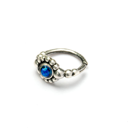 Silver Flower Nose Ring With Blue Opal right side view