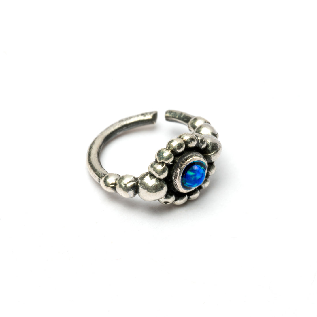 Silver Flower Nose Ring With Blue Opal left side view