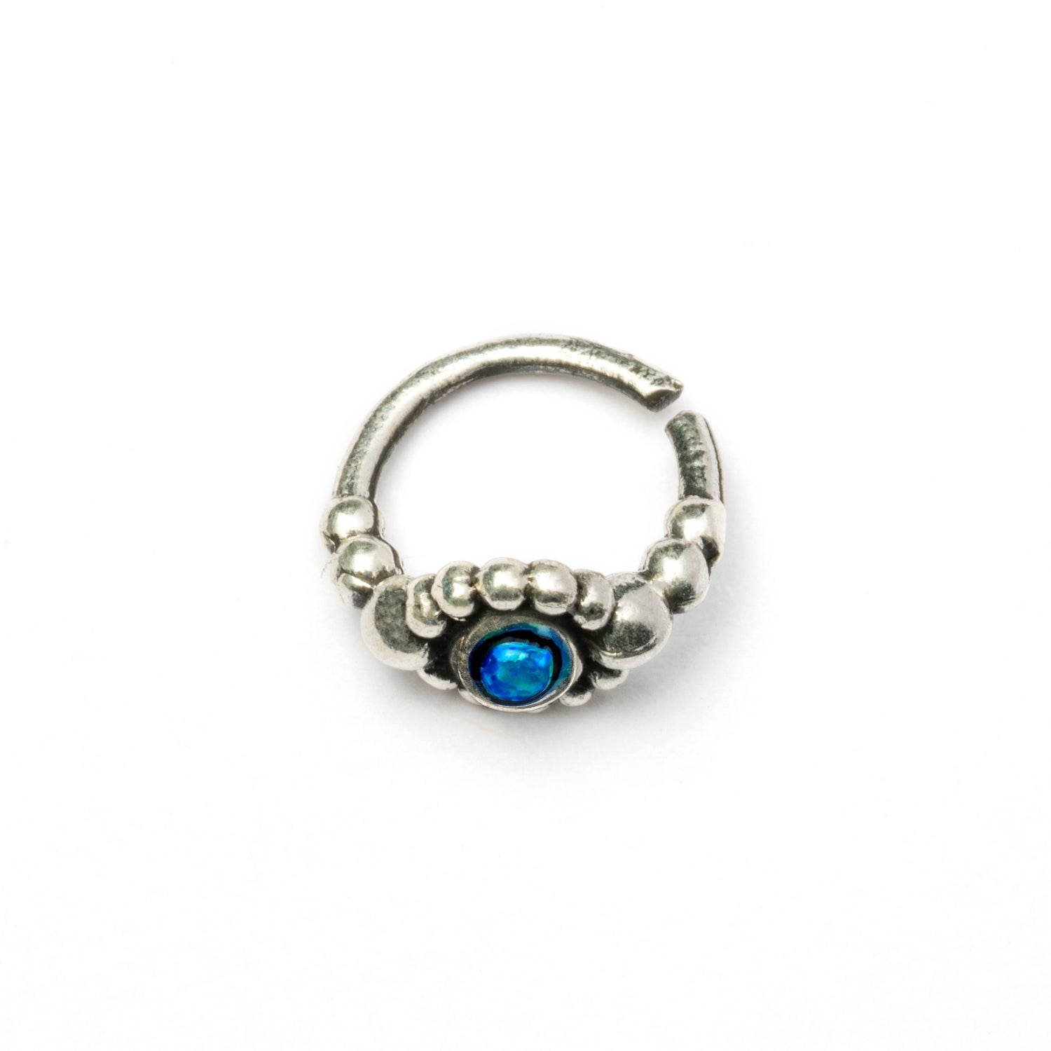 Silver Flower Nose Ring With Blue Opal  side view