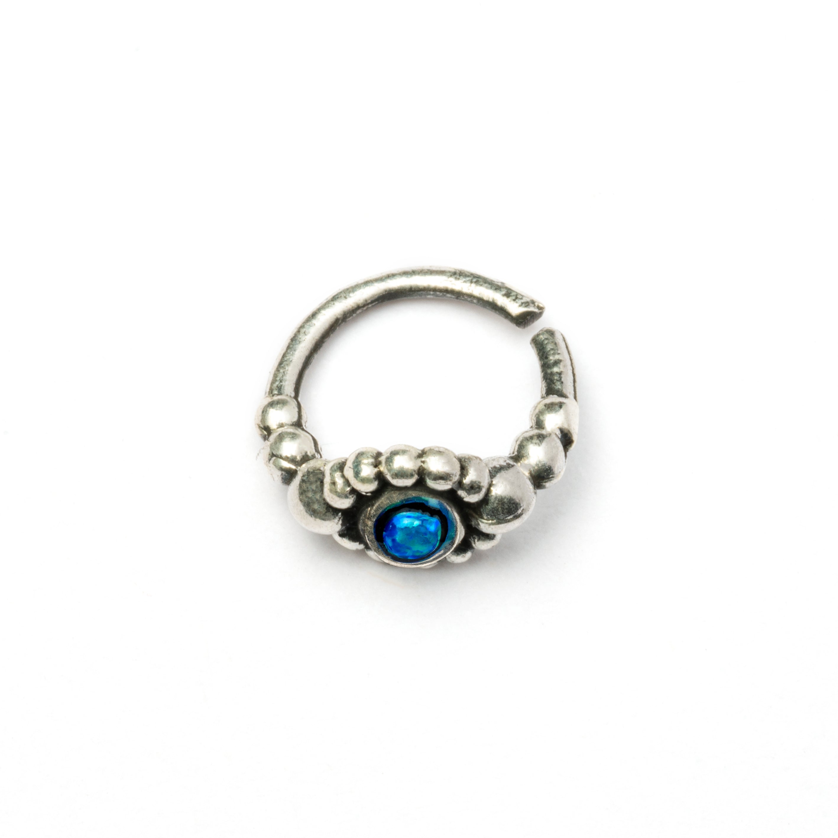 Silver Flower Nose Ring With Blue Opal  side view