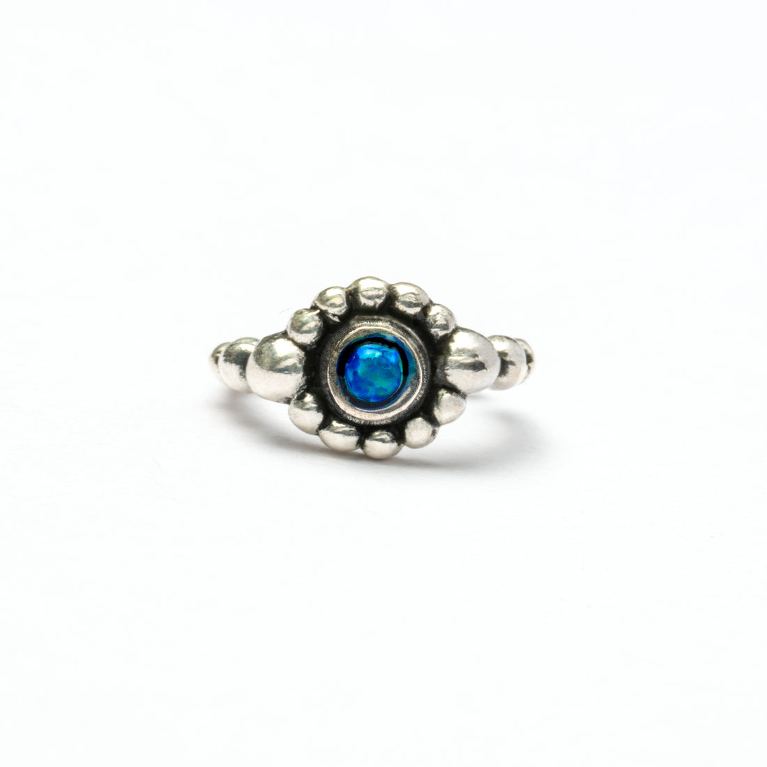 Silver Flower Nose Ring With Blue Opal frontal view
