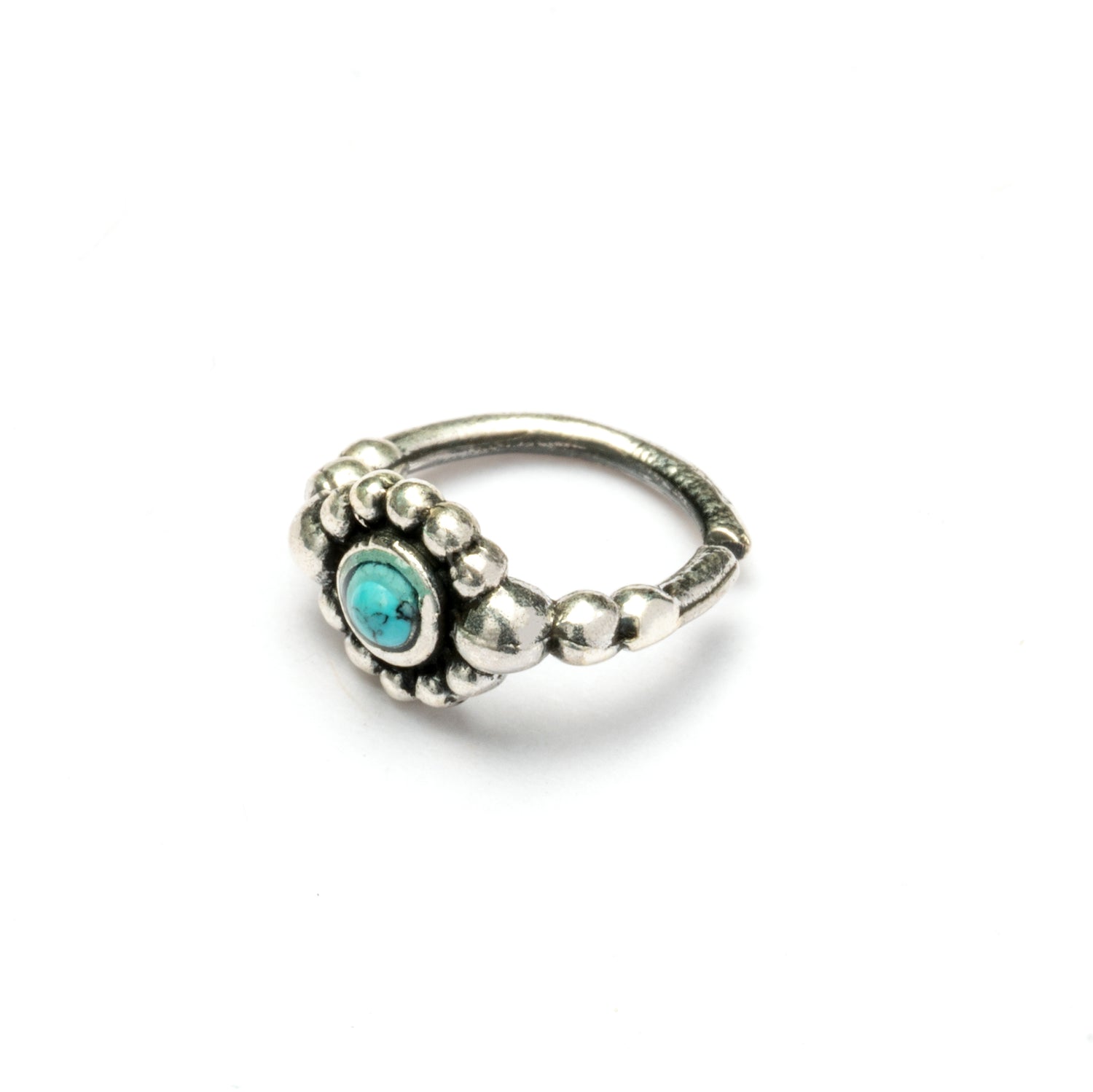 Silver Flower Nose Ring With Turquoise right side view