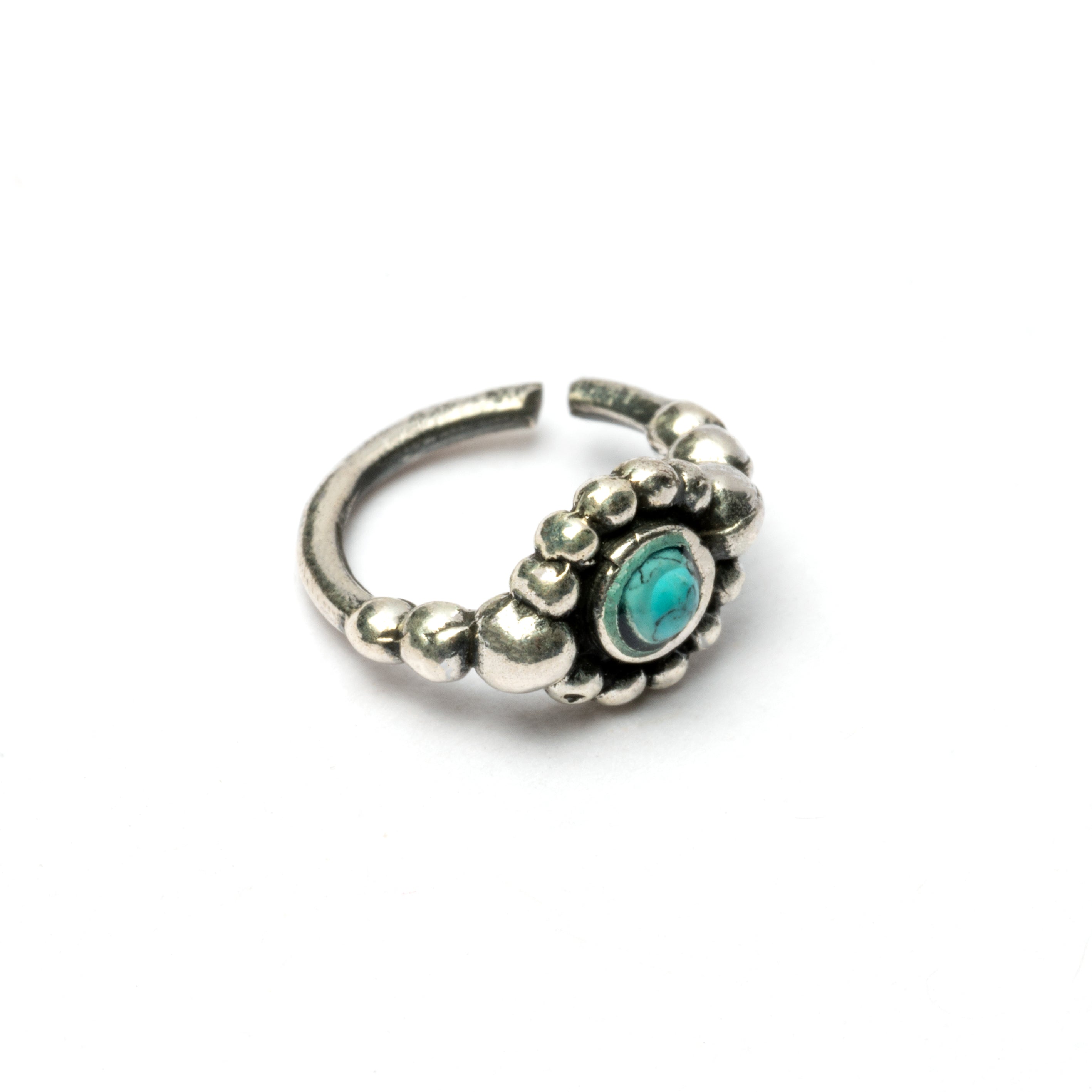 Silver Flower Nose Ring With Turquoise left side view