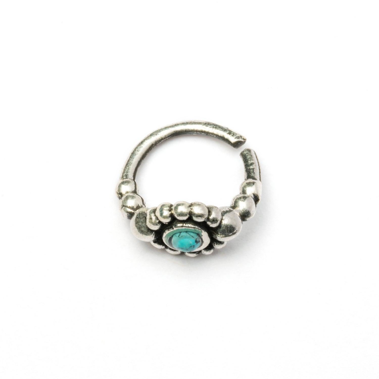 Silver Flower Nose Ring With Turquoise side view