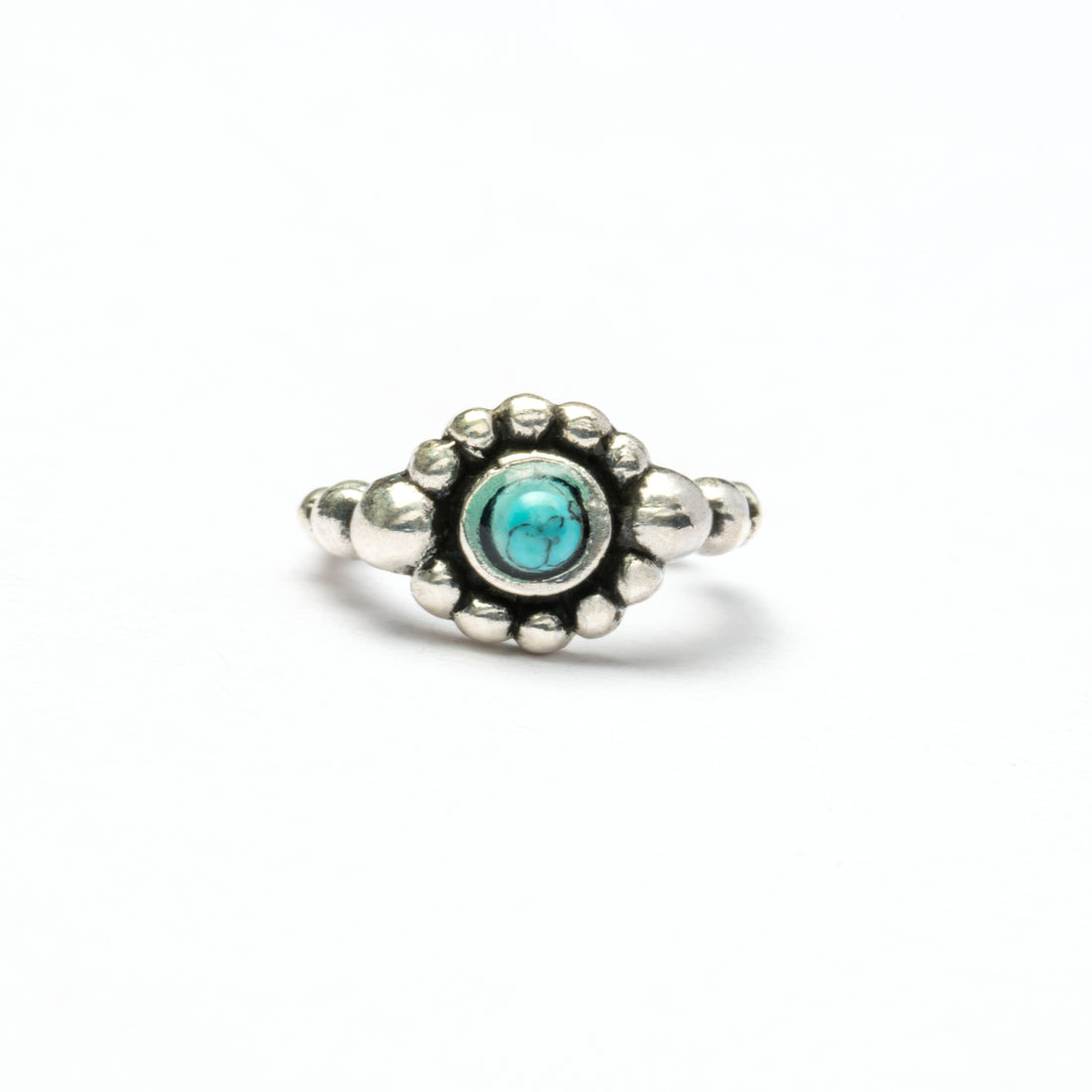 Silver Flower Nose Ring With Turquoise frontal view