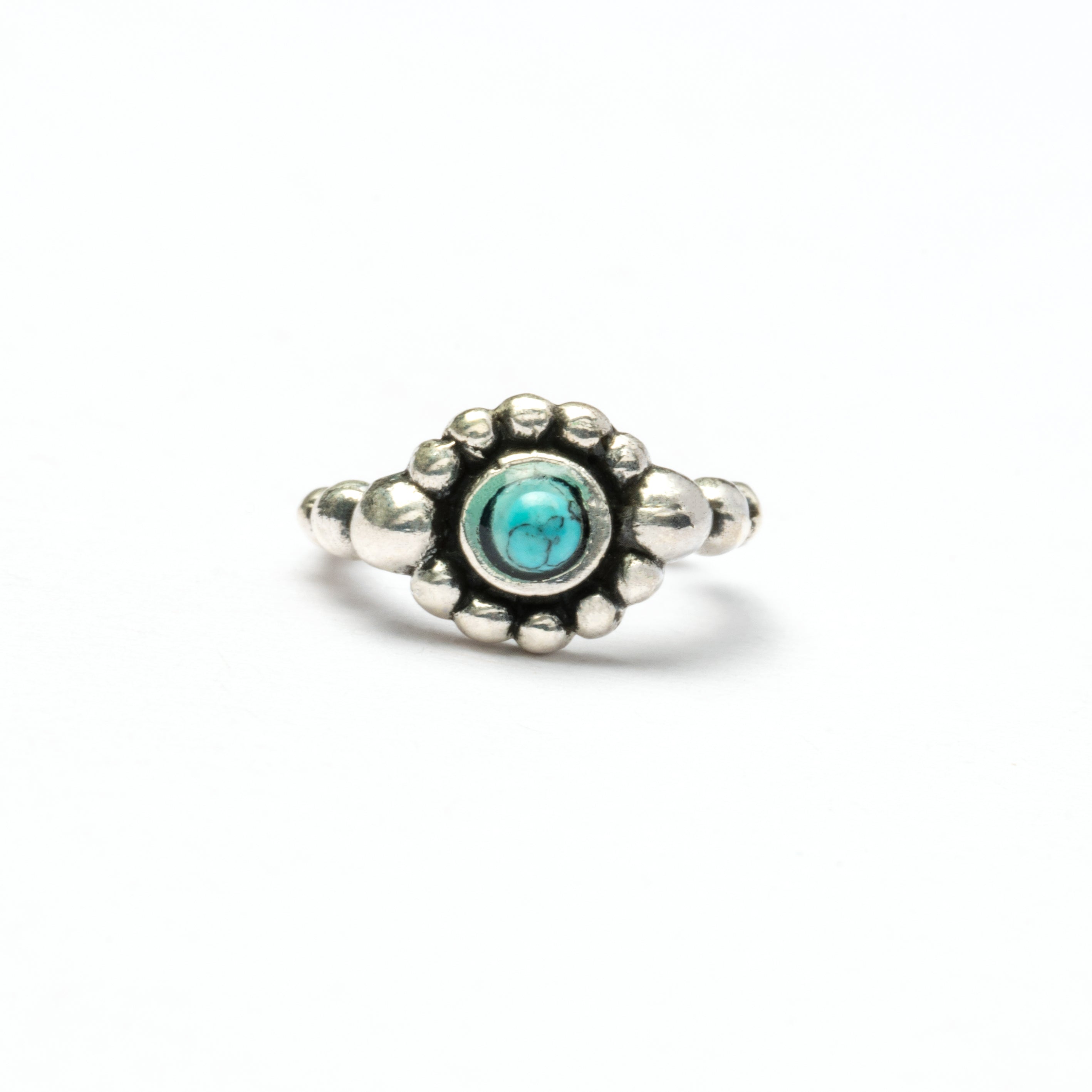 Silver Flower Nose Ring With Turquoise frontal view