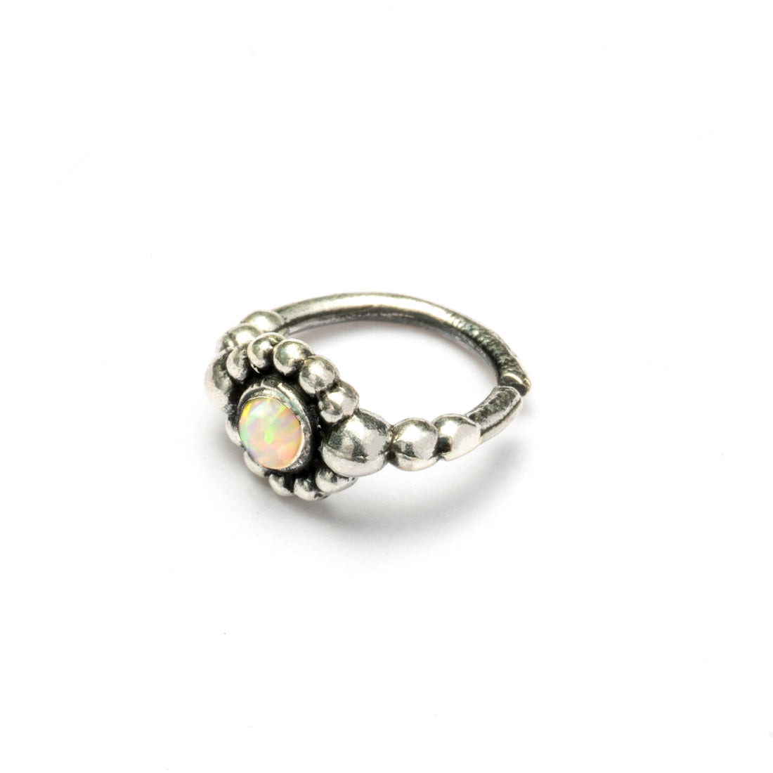 Silver Flower Nose Ring With White Opal right side view