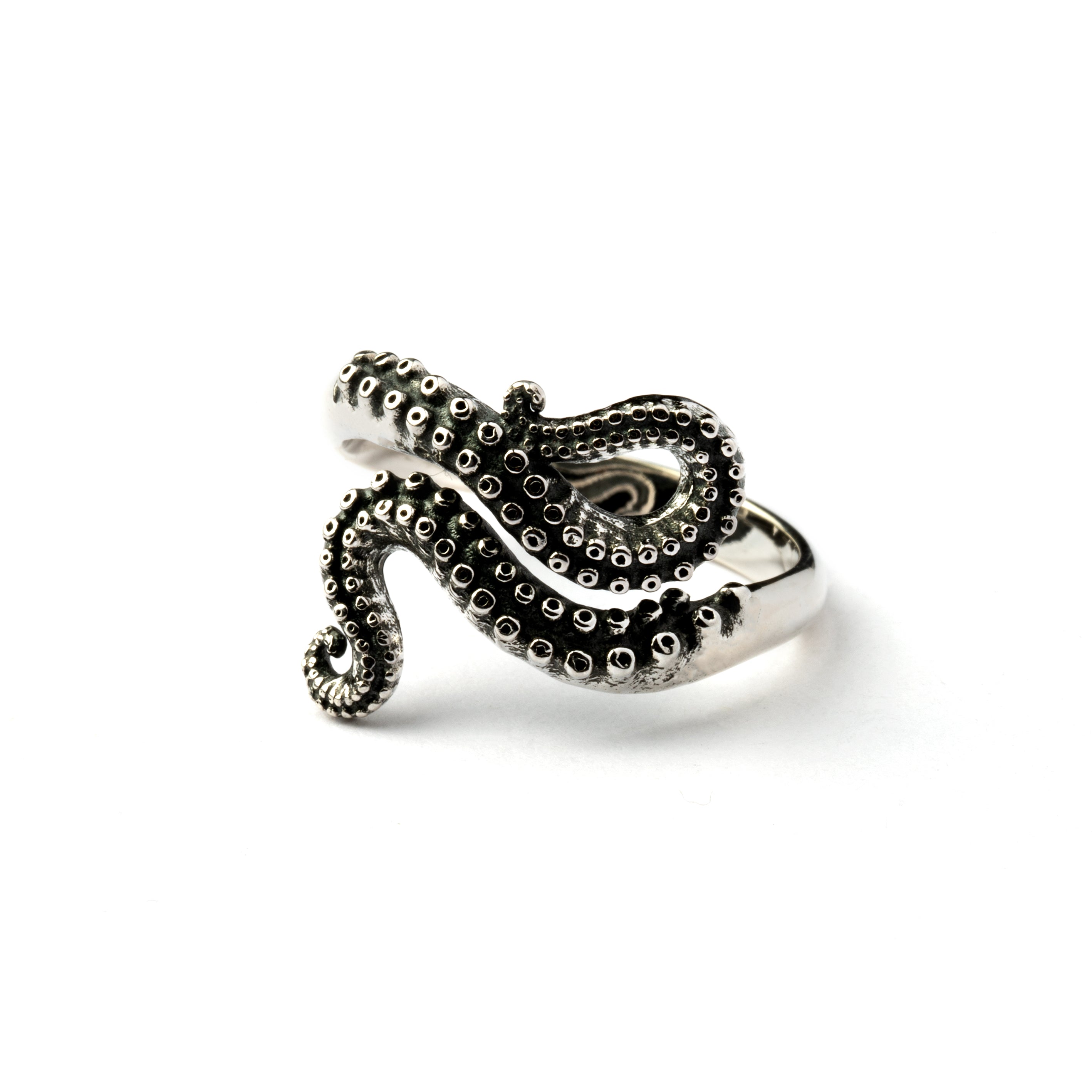Silver octopus tentacle ring frontal view
