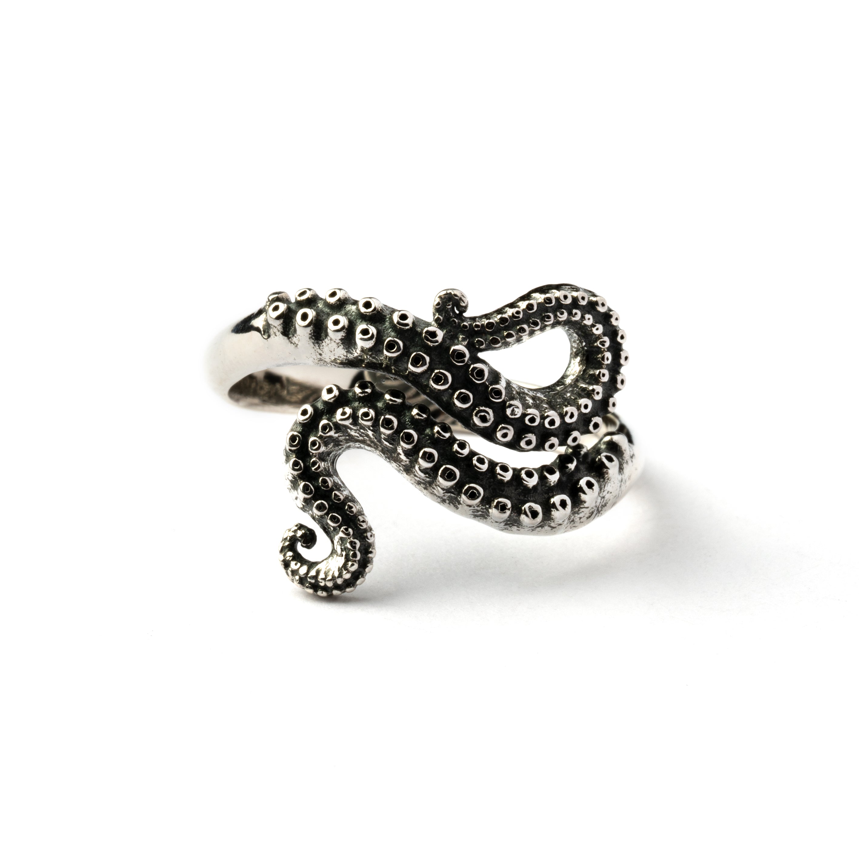 Silver octopus tentacle ring frontal view