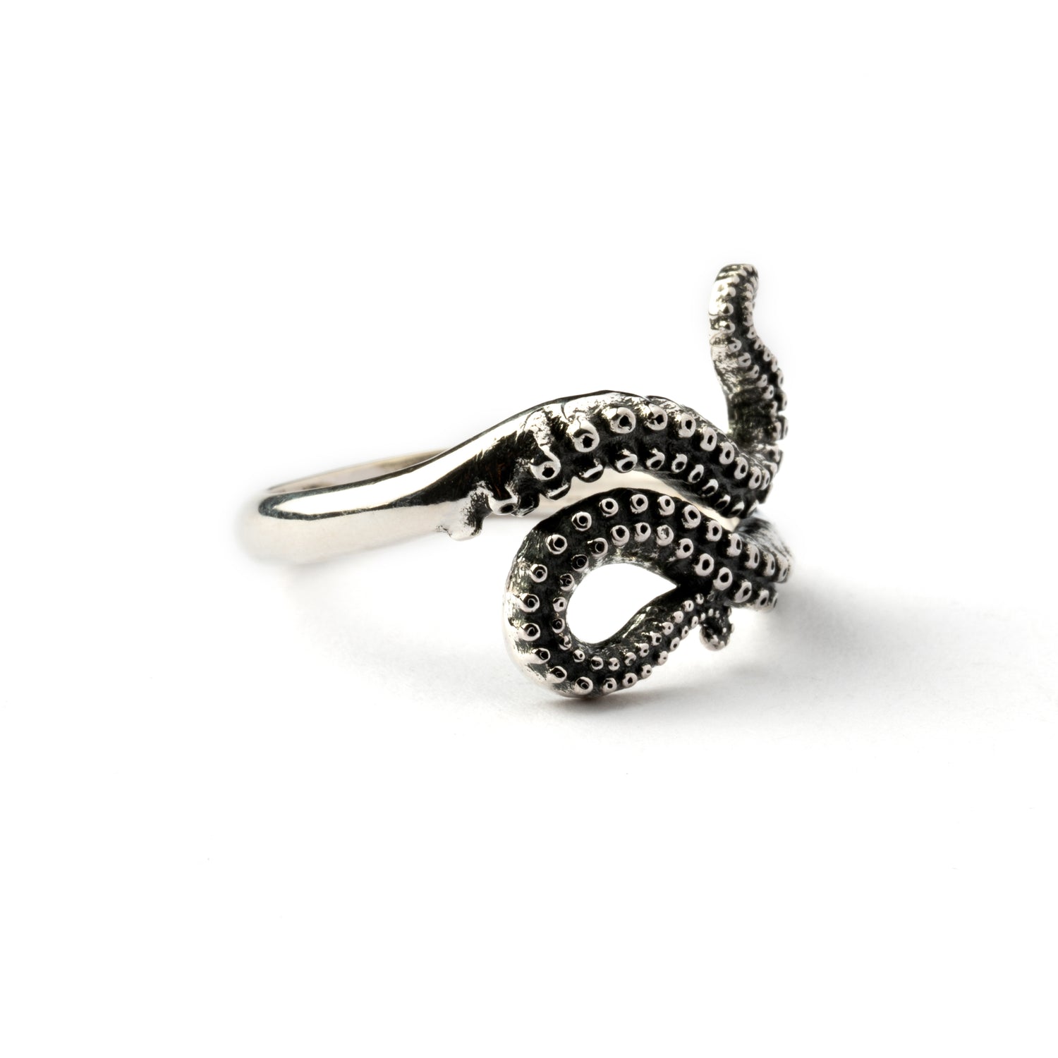Silver octopus tentacle ring right side view
