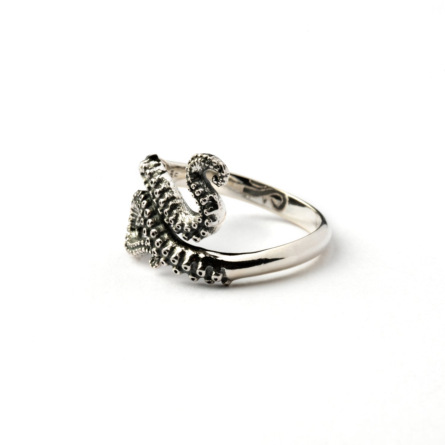 Silver octopus tentacle ring left side view