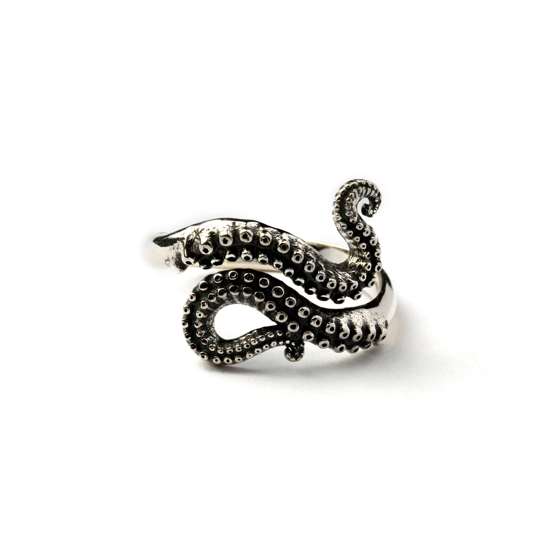 Silver octopus tentacle ring frontal view