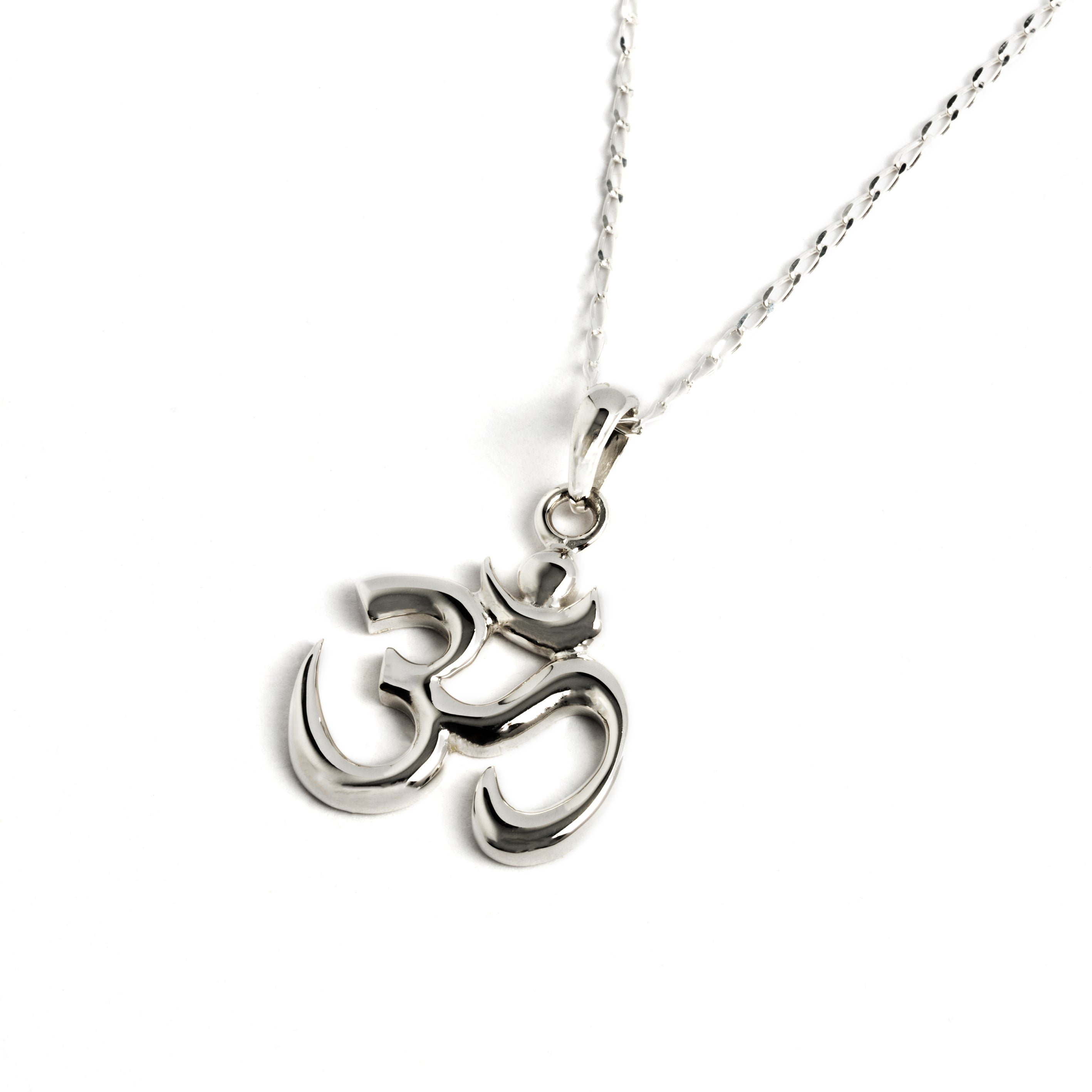 Silver Om charm necklace right side view
